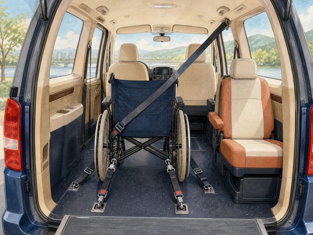 無障礙車內輪椅固定裝置與安全帶的情境示意
