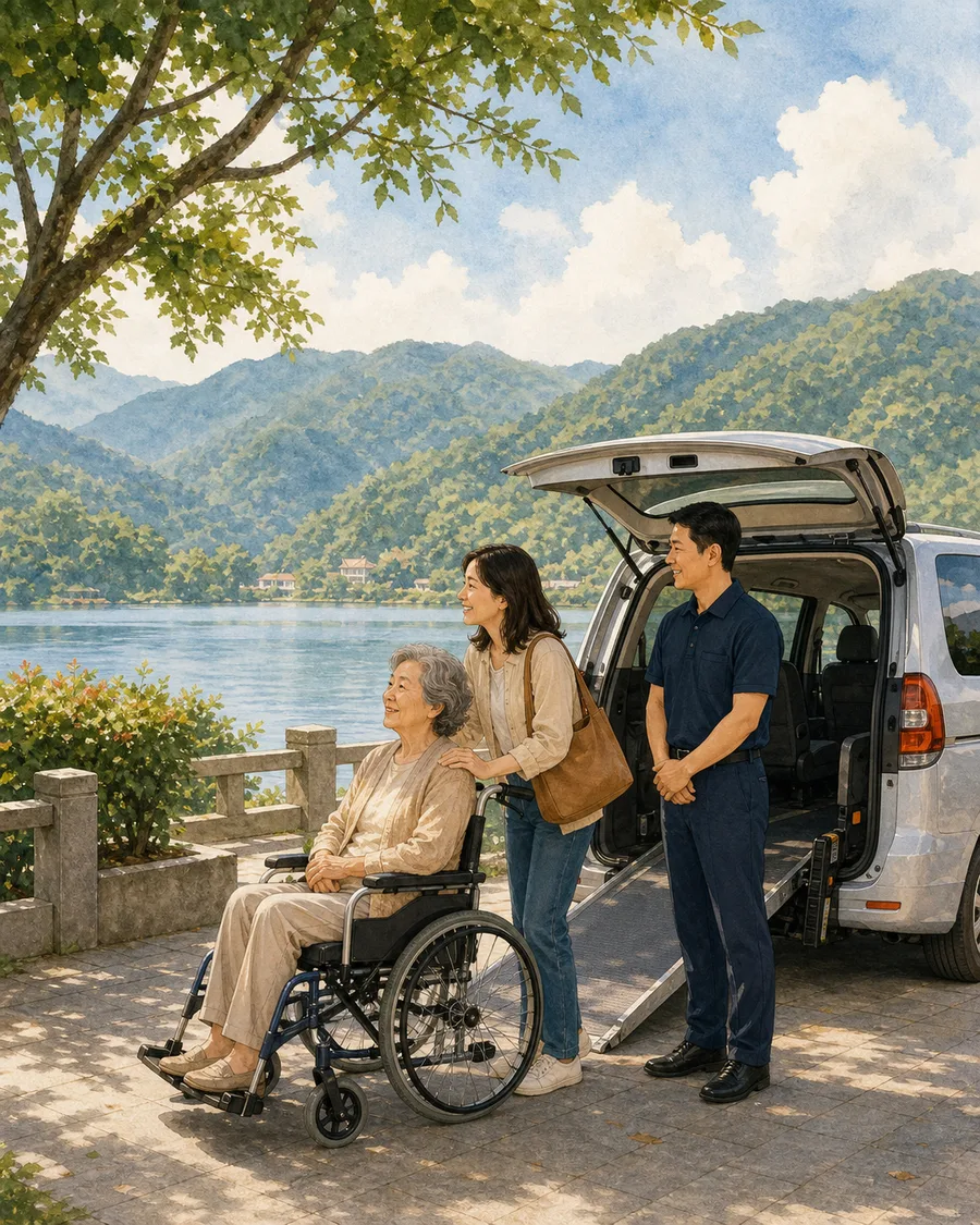 輪椅使用者與家屬搭乘無障礙包車出遊的情境示意