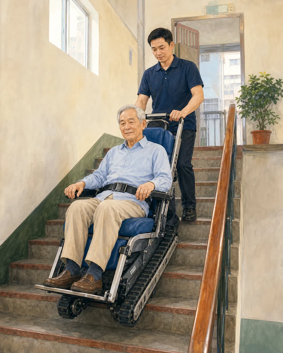服務人員操作爬梯機協助長者下樓的情境示意