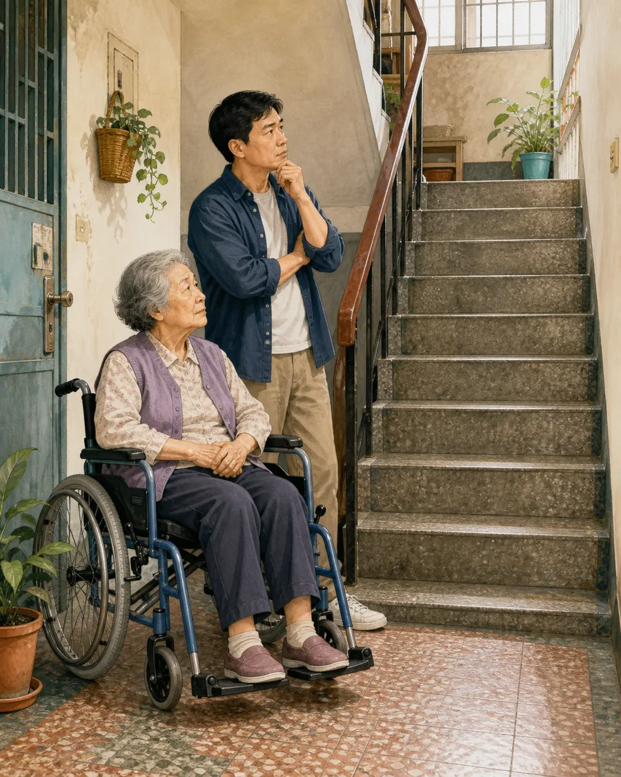 輪椅使用者面對無電梯公寓樓梯的情境示意