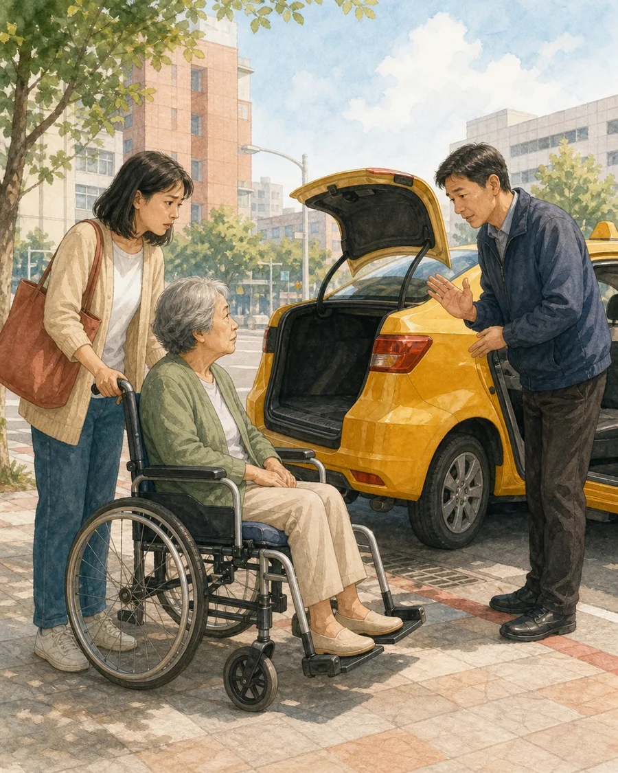 一般計程車無法容納輪椅的情境示意